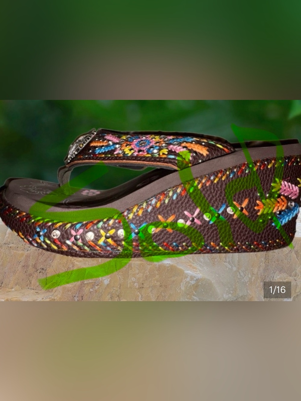 AMAZING MONTANA WEST-Brown Embroidered Wedge Thong Sandals⭐️LIKE NEW⭐️